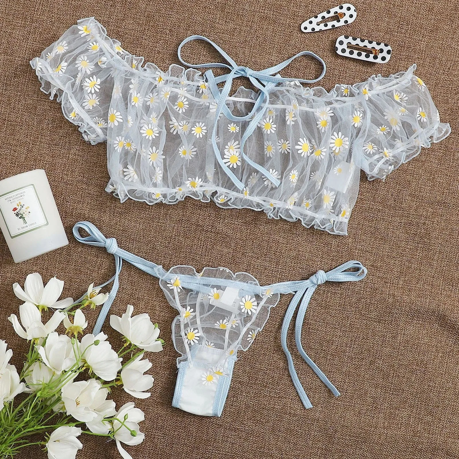 Women Lingerie Set Daisy Printing Lace Set Lace Up Puff Sleeve Transparent Top Ruffled Elastic Intimates Thongs Set Underwear