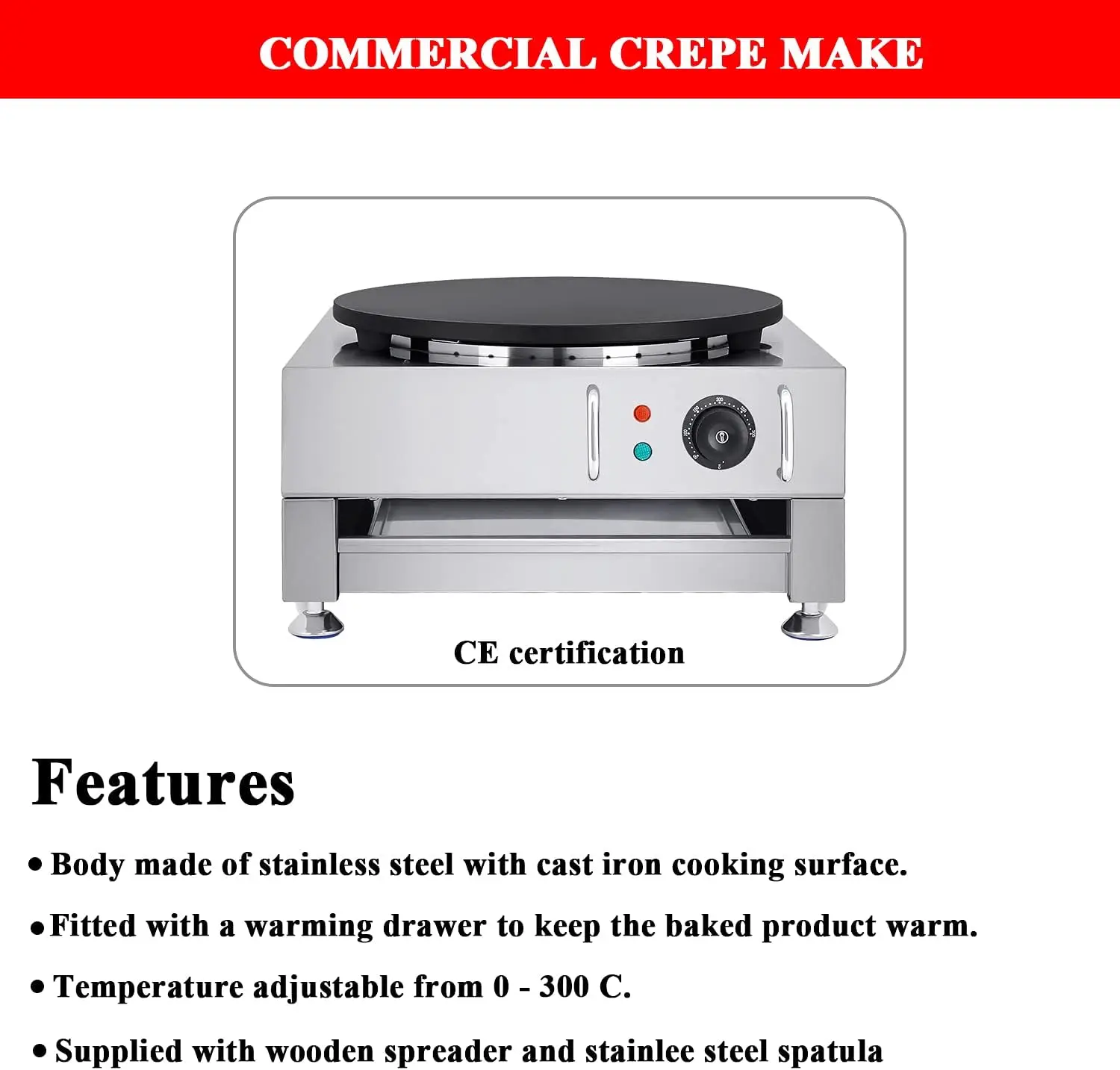 Crepe Maker 16 Inch Large Pancake Machine Crepes Griddle With Wooden Spreader And Spatula