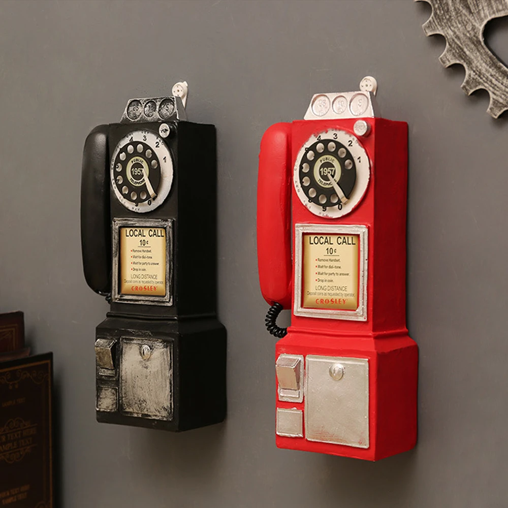 Vintage Telephone Model Wall Mounted Retro Telephones Model Ornament Antique Payphone Crafts Gift for Cafe Bar Home Decoration