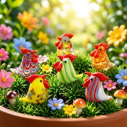 6pcs Cute Chicken Mini Figurine Glass Ornaments Kawaii Cock Easter Rooster Tiny Statue Home Living Room Table Fairy Garden Decor