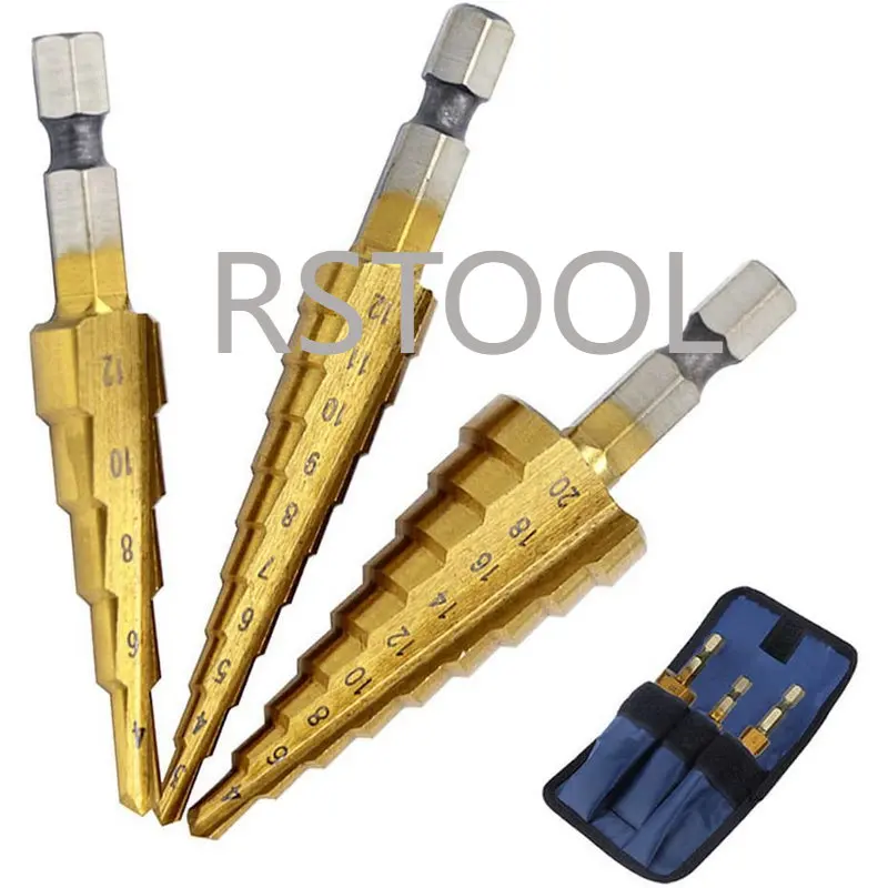 

3Pcs/set 3-12mm 4-12mm 4-20mm HSS Straight Groove Step Drill Bit Titanium Coated Wood Metal Hole Cutter Core Drilling Tools Set