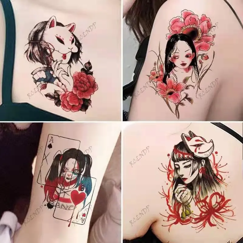 8 Pcs Waterproof Temporary Tattoo Sticker Japanese Geisha Red Rose Flower Sexy Fox Mask Flash Tatoo Fake Tatto for Men Women