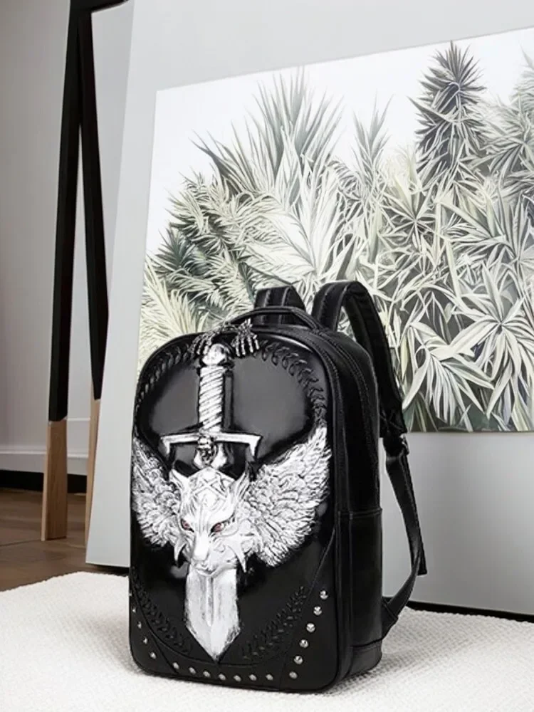 Avant Garde Men Leather Rucksack Student 3D Embossed Spatial Wolf Sword Skull Travel Shoulders Laptop School Bag view 3