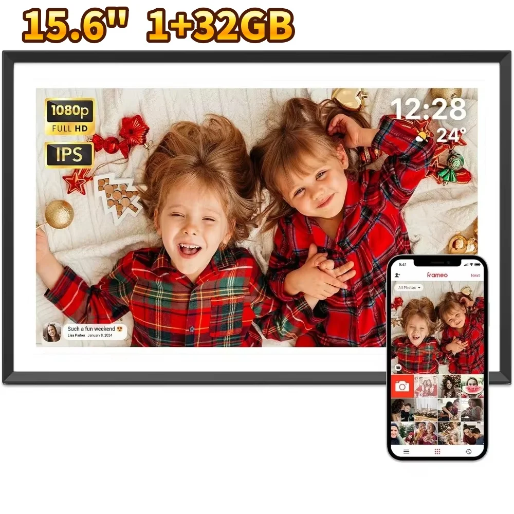 WiFi Digital Picture Frame 15.6 Inch with 32GB Storage, 1920x1080 FHD IPS Touch Screen, Easy Setup To Share Photos or Videos