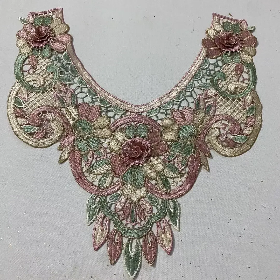 1Pc Green Red 3D Embroidered Fabric Color Flower Lace Sewing Applique Lace Collar Neckline Ancient Collar Applique Accessories