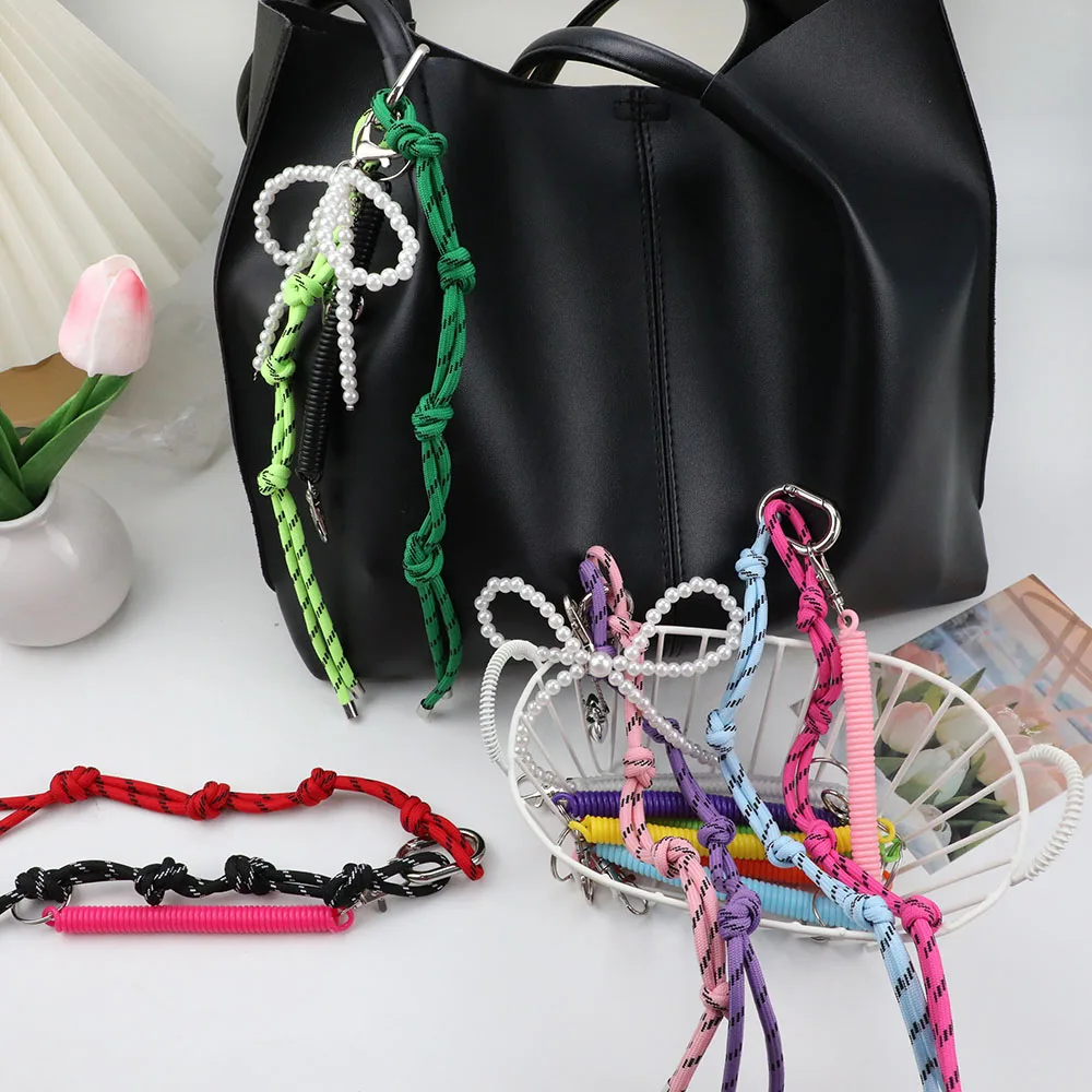 Korean Rainbow Rope Pendant Chain Y2K Keychain DIY Phone Jewelry Strap Pearl Bow Bag Charms Car Key Holder Handbag Decorating