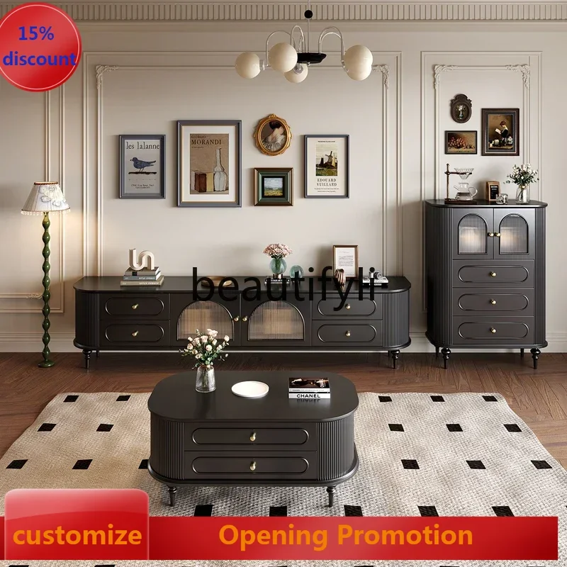 

French retro solid wood TV cabinet coffee table combination simple modern paint floor TV cabinet G1218