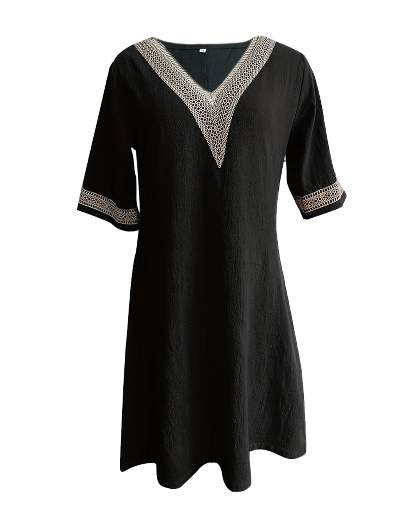 Chic Guipure Lace V-Neck Tunic Dress - Easy-Care, Knee-Length, All- Season Comfort with Stylish Hollow Details