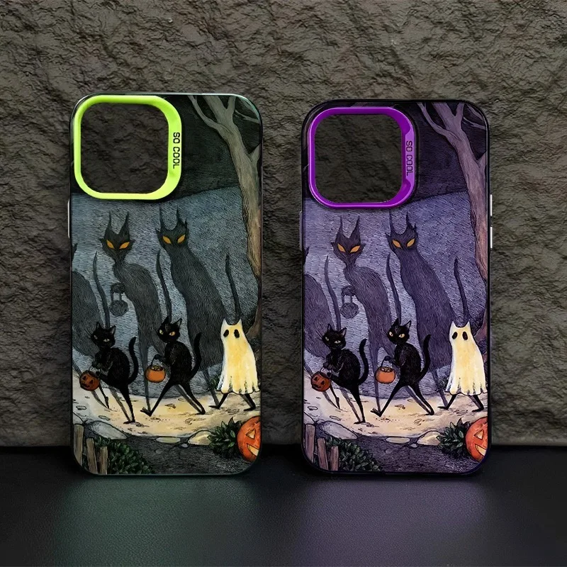 Funda Protectora Rígida Mate Antigolpes con Diseño de Gatos de Halloween para iPhone 18 17 16 15 14 11 Pro 13 12 Mini Plus Xs XR