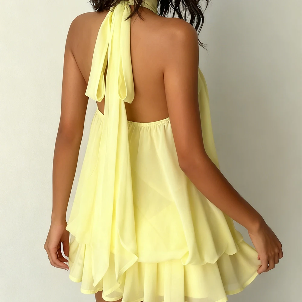 المرأة الصيف خمر مثير أكمام عارية الذراعين التعادل متابعة فستان قصير أنيق الشيفون الطبقات فلوي الخروج عطلة فساتين