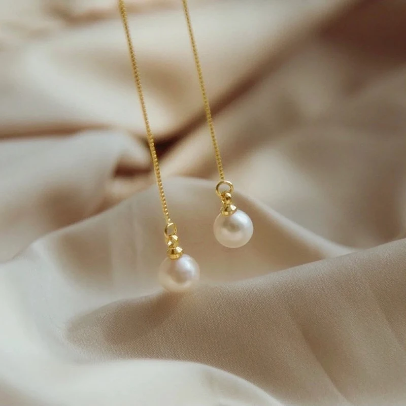 Huitan Dainty Long Hanging Earrings Lady Engagement Jewelry Ear Pendants with Simulated Pearl Graceful Gold Color Accessories