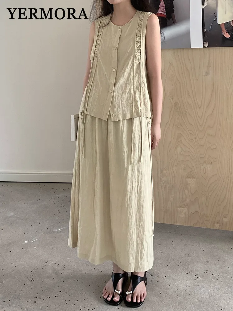 

YERMORA Women Two Pieces Set Khaki Pleated Ribbon Casual Vest Loose New Half Body Skirt Fashion Tide Srping Summer 2025