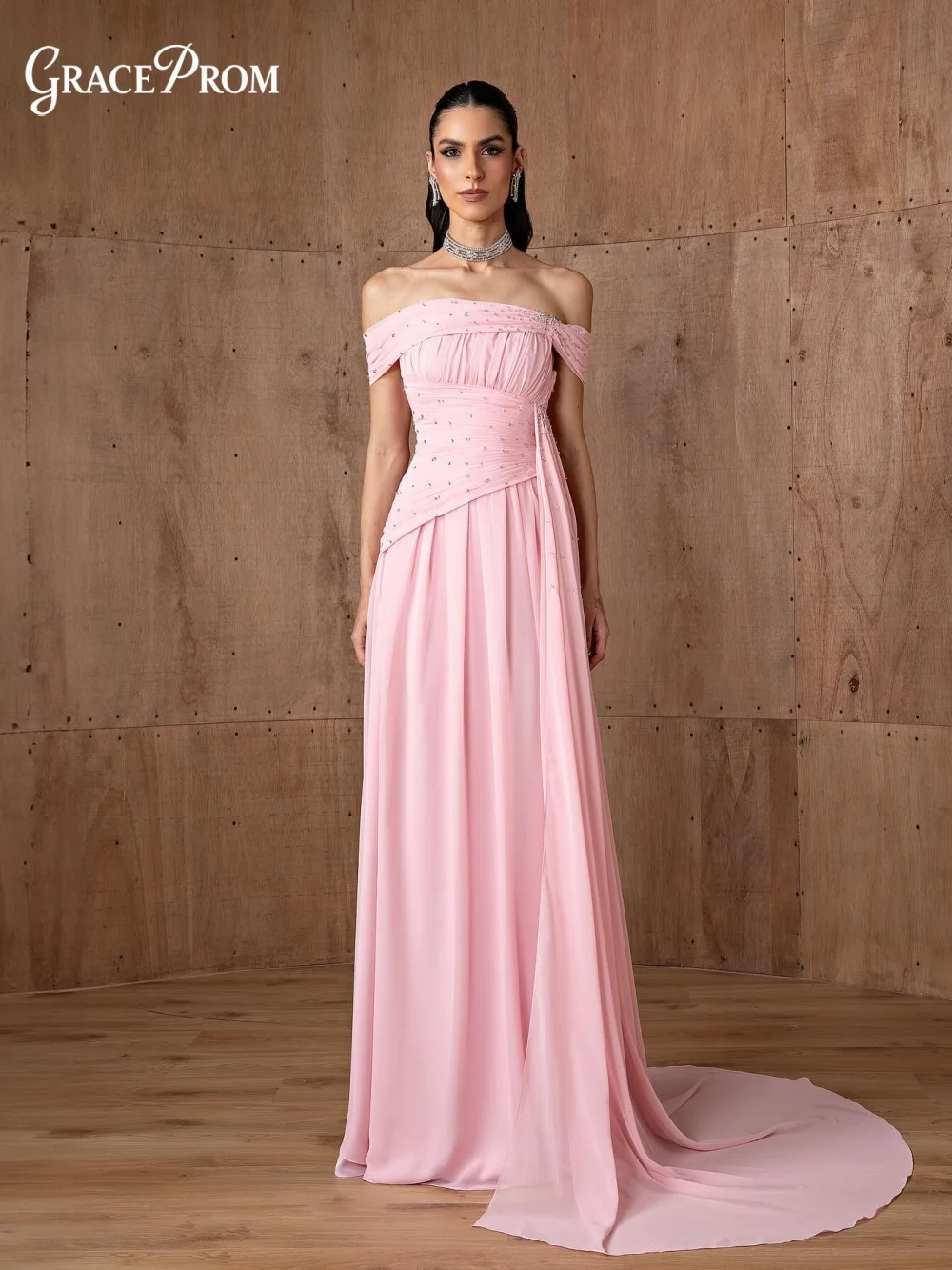 

GraceProm Off-Shoulder Romantic A-Line Evening Dress Luxurious Beaded Pink Floor-Length Party Gown Party Dress платья женские
