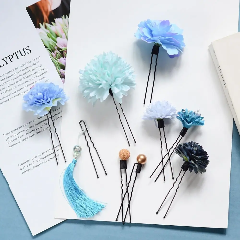 

Japanese Style Flower Hair Forks Handmade Cloth Japanese Kimono Hair Clips Vintage Flower Tassels Hair Stick Kimono Accessory