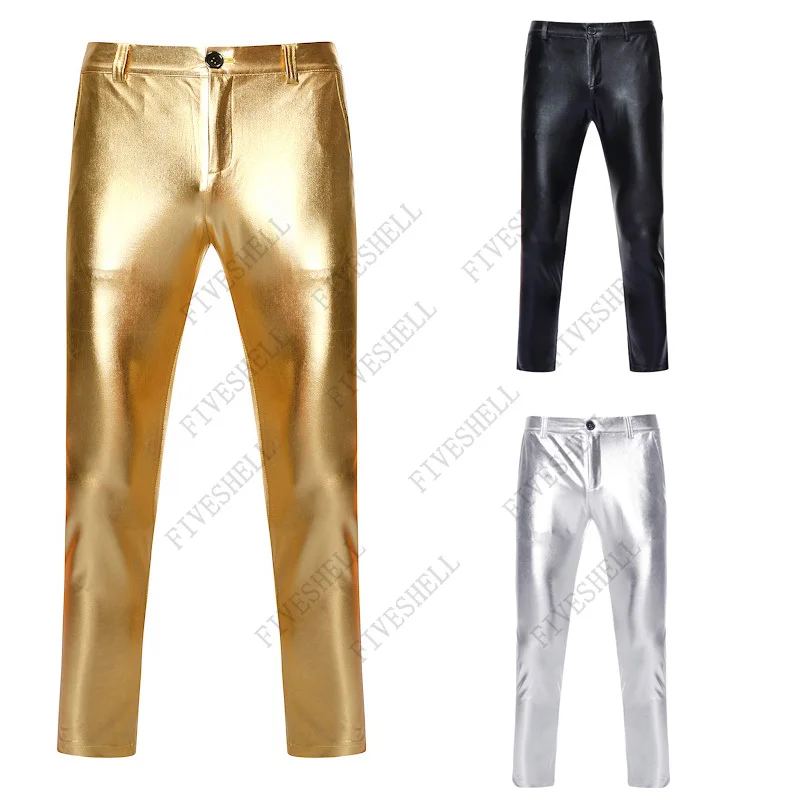 Motorcycle PU Leather Pants Men Brand Skinny Shiny Gold Coated Metallic Pants Trousers Nightclub Stage Perform Pants for Singers