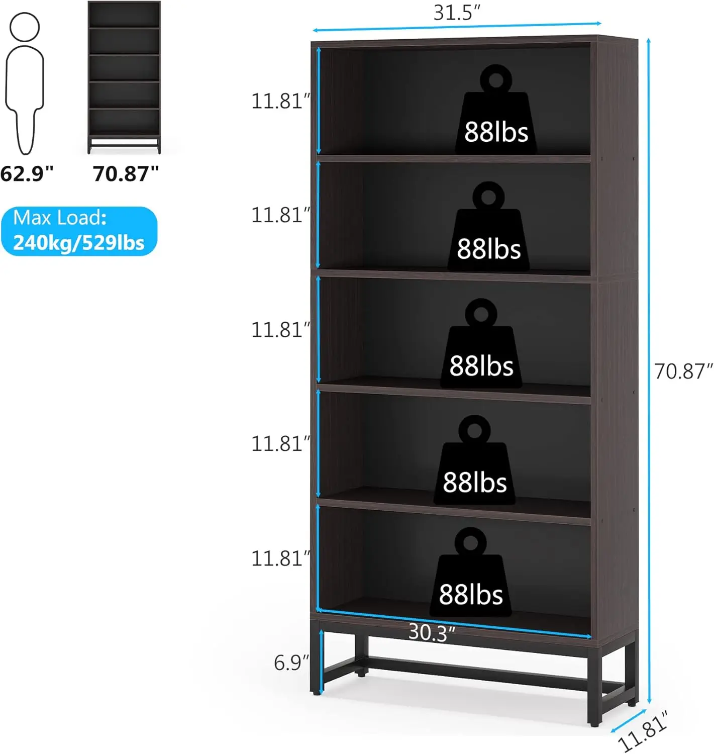 Tall Bookcase Black Bookshelf,70.8” Large Organizer with 5-Tier,Heavy Duty Free-Standing Library Living Room,Bedroom(Sandalwood)