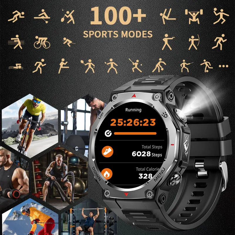 LIGE 1.43-calowy ekran Amoled, smartwatch z funkcją połączeń Bluetooth, latarką LED z światłem UV, wodoodporność 5ATM, smartwatch sportowy do aktywności na świeżym powietrzu dla mężczyzn