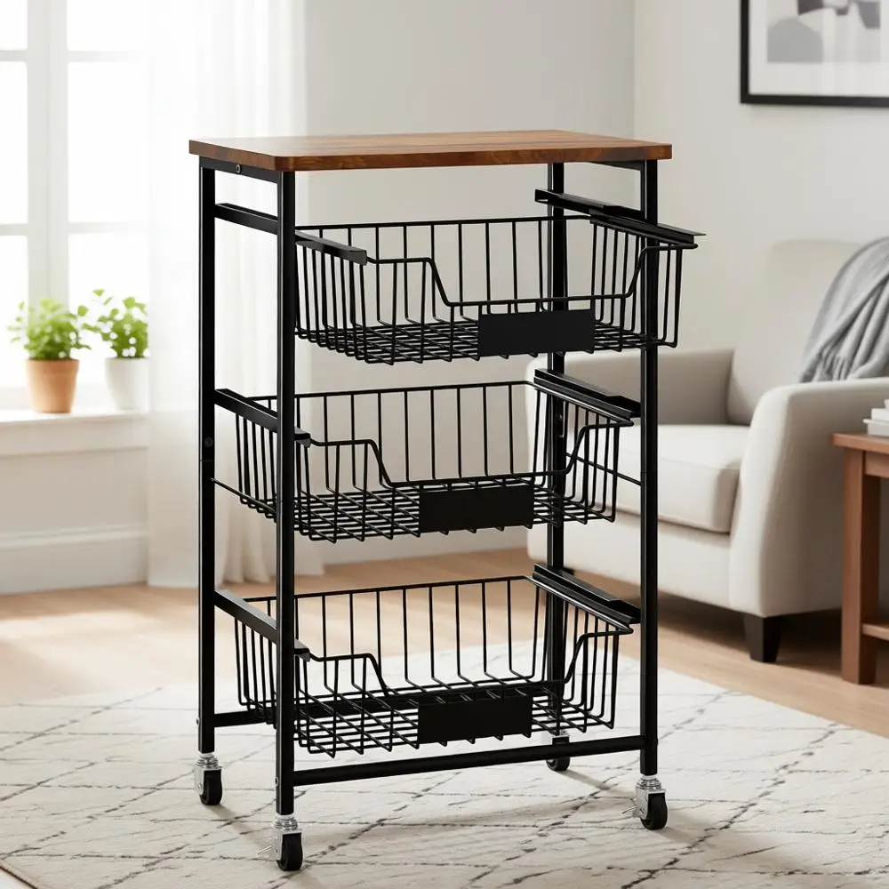 

Multi-Tiered Kitchen Cart with Metal Wire Baskets, Rolling Storage Unit with Wooden Top for Produce and Snacks