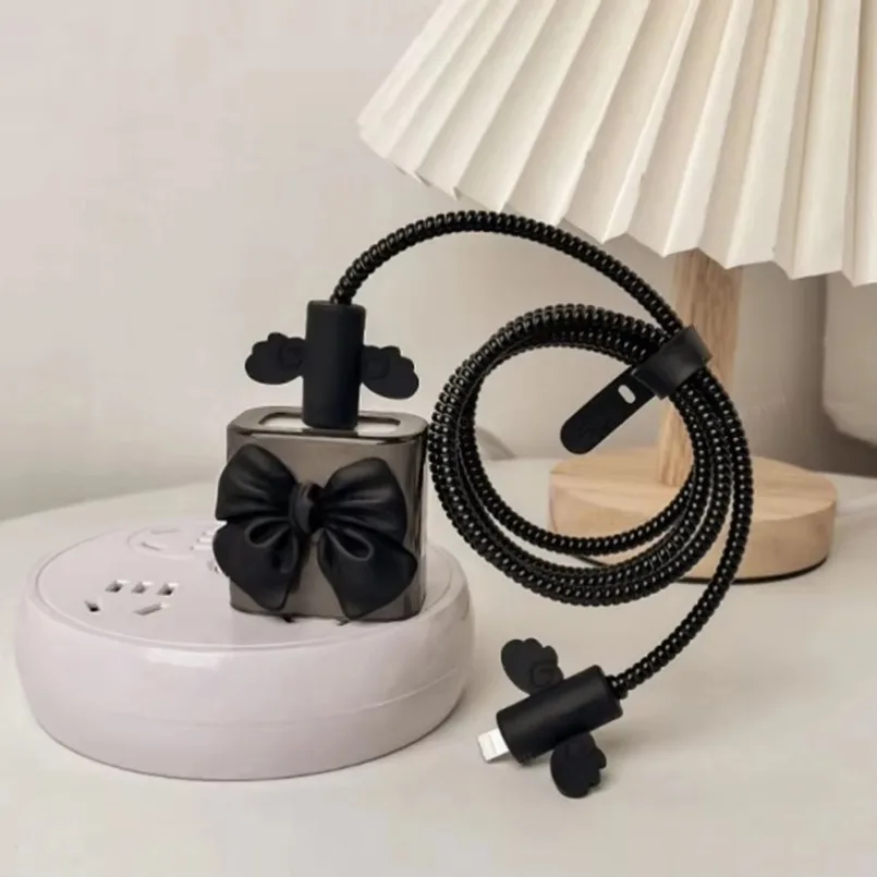 Black Love Bow 18W/20W USB Charger Protective Case Sets Cable Protector For Apple iPhone 16 15 Charging Cable Data Charger Rope image 5