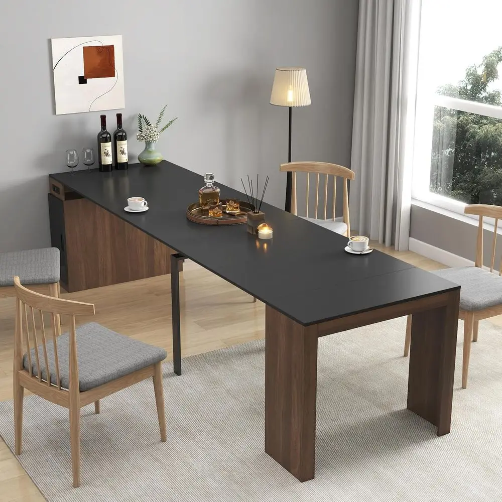 

Expandable Walnut Black Dining Table with Outlet & Storage for 1-12 People, Suitable for Dining Rooms and Conferences