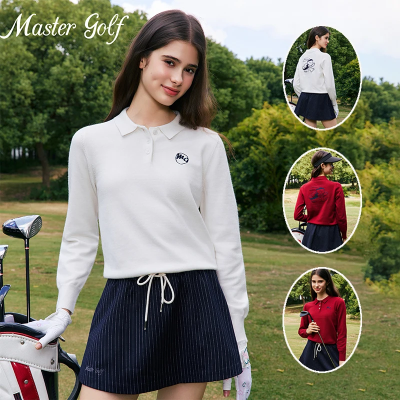

MG 2025 Keep Warm Golf Women's Apparel Knitted Polo Lapel Sweater Long-sleeved Printed Sports Top Lady Striped Tennis Golf Skirt