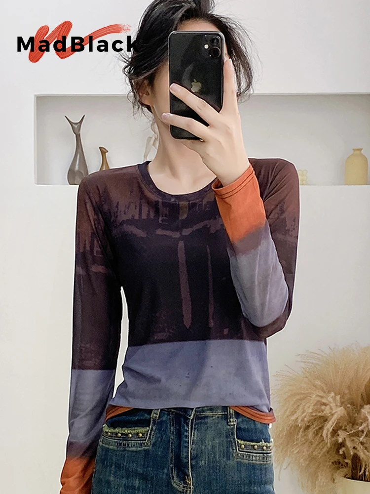 

MadBlack-Женская европейская футболка, сексуальный геометрический принт с круглым вырезом, модная тонкая сетчатая футболка с длинными рукавами S-3XL, новинка осени 2023 года T59303CC