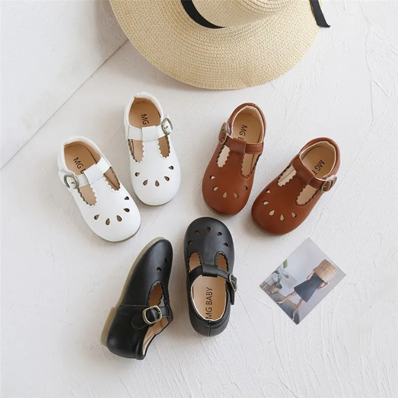 Summer NewVL Boys' and Girls'  Leather Shoes Retro British Style Hollow Out Children's Soft Bottom Pea Shoes Casual Shoes