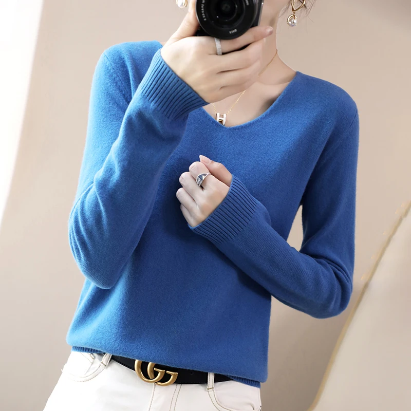 Autumn Winter New Cashmere Sweater Women Solid Color V-neck Pullovers Knitting Sweater Fashion Korean Long Sleeve Loose Tops