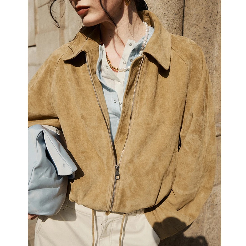 المرأة المستوردة سترة جلدية من جلد الغزال 2025 خريف جديد الخصر الرباط تصميم الإناث التلبيب الفاخرة ألف خط الماعز سترة معطف قصير