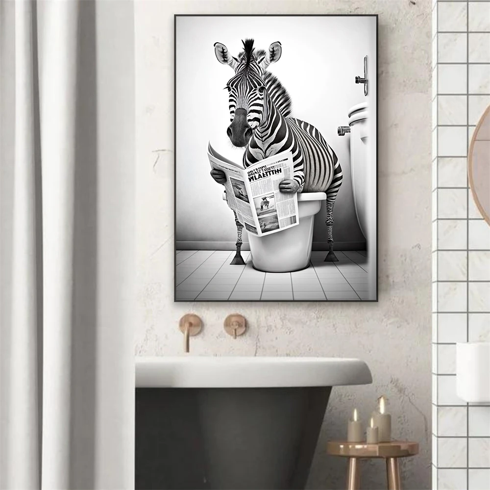 Funny Home Bathroom Black And White Art Poster Highland Cow Sitting On The Toilet Reading Newspaper Print Canvas Painting Decor