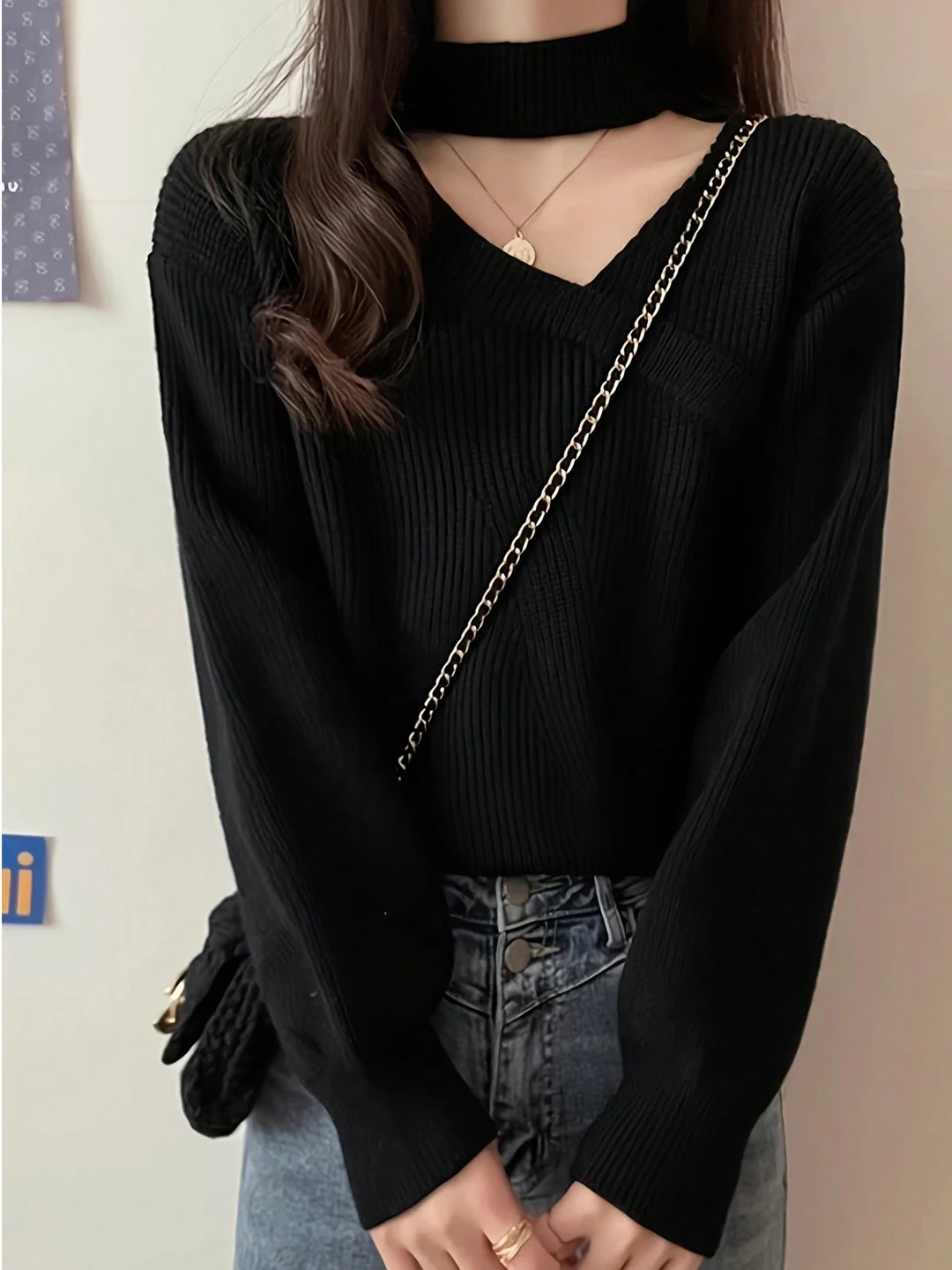 

Soft Korean Sle V-Ne Sweater Women's Autumn Winter Single Wear Overhead Bla Versatile Slimming Design Knitted irt