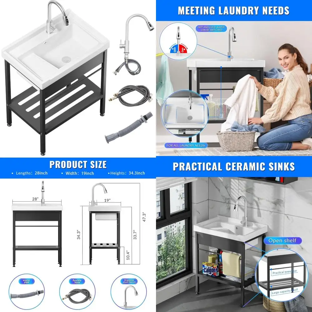 حوض سيراميك مقاس 28 × 19 × 34.3 مع مجموعة لوح غسيل، قائم بذاته، صنبور مياه بارد وساخن، يتضمن خراطيم، حوض غرفة الغسيل S #1