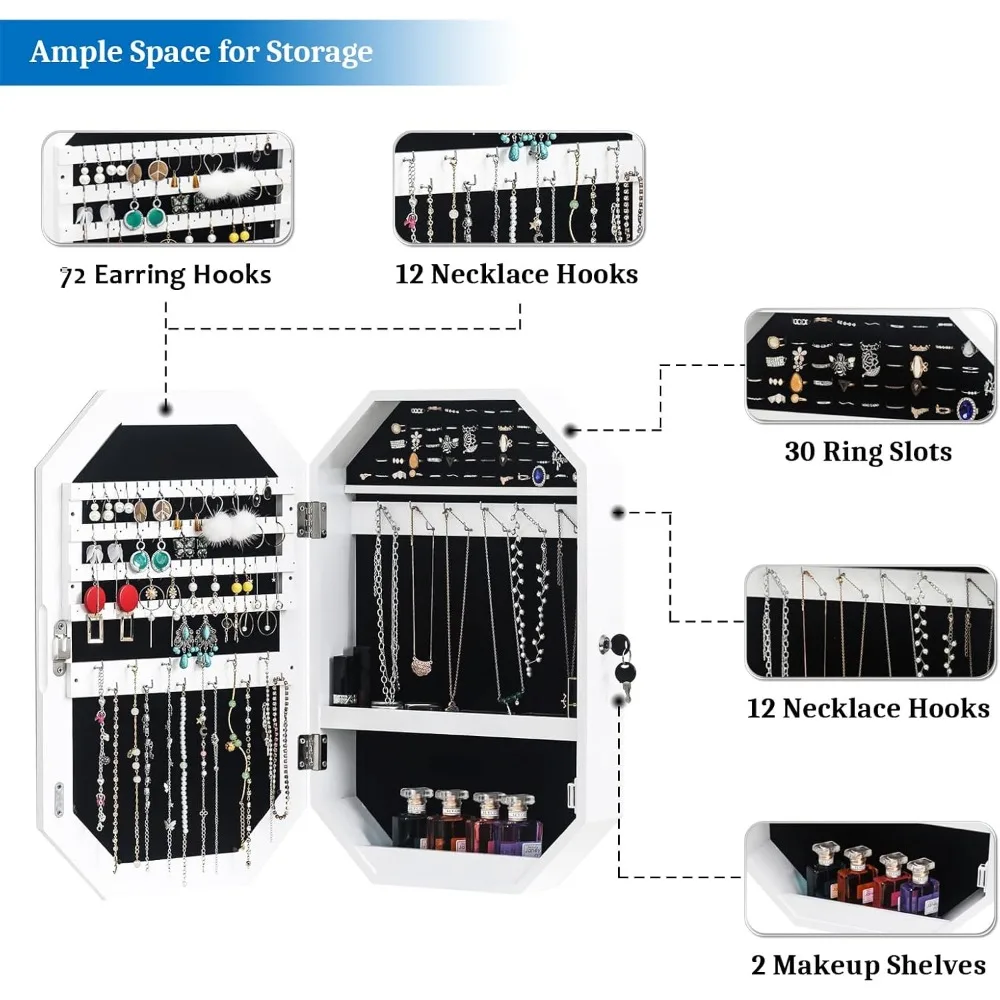 Moderno armadio per gioielli a forma di diamante, organizzatore per armadietto per gioielli ottagonale con serratura con specchio, montato a parete per risparmiare spazio