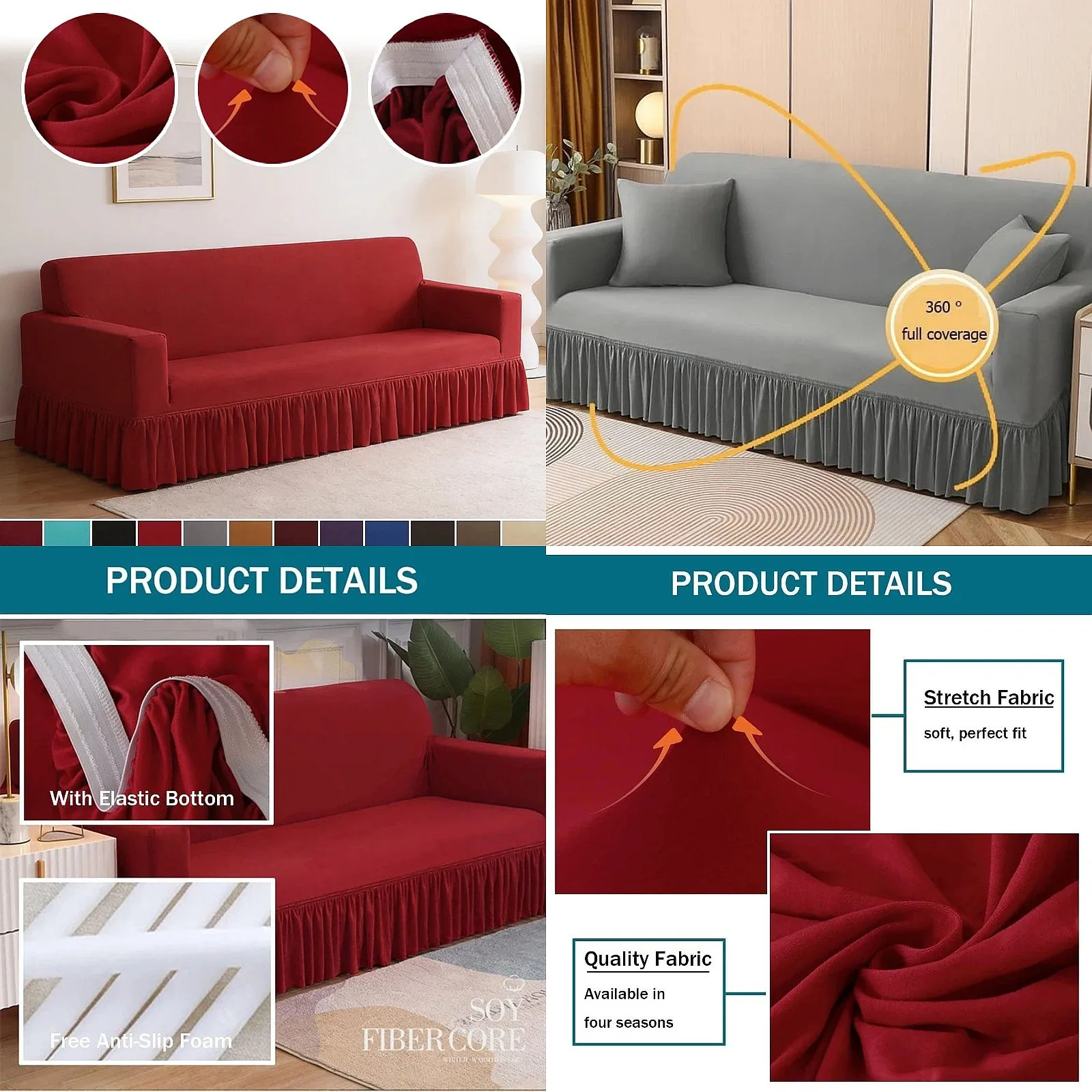 Universal Elastic Sofa Cover Skirt Milk Silk Fabric Non Slip Machine Washable Sofa Couch Protector for 1 2 3 4 5 Seater Size