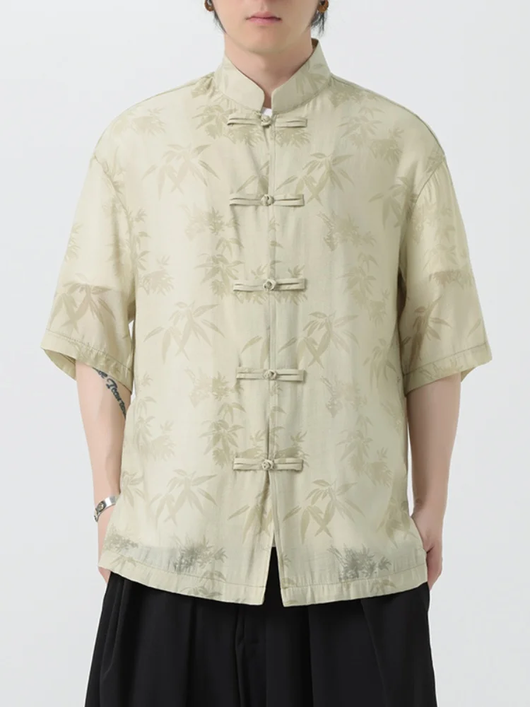 

Мужская новая китайская рубашка из ледяного шелка с коротким рукавом на пуговицах, модная ретро-одежда в стиле Тан Хань, тонкая, дышащая, летняя, модная