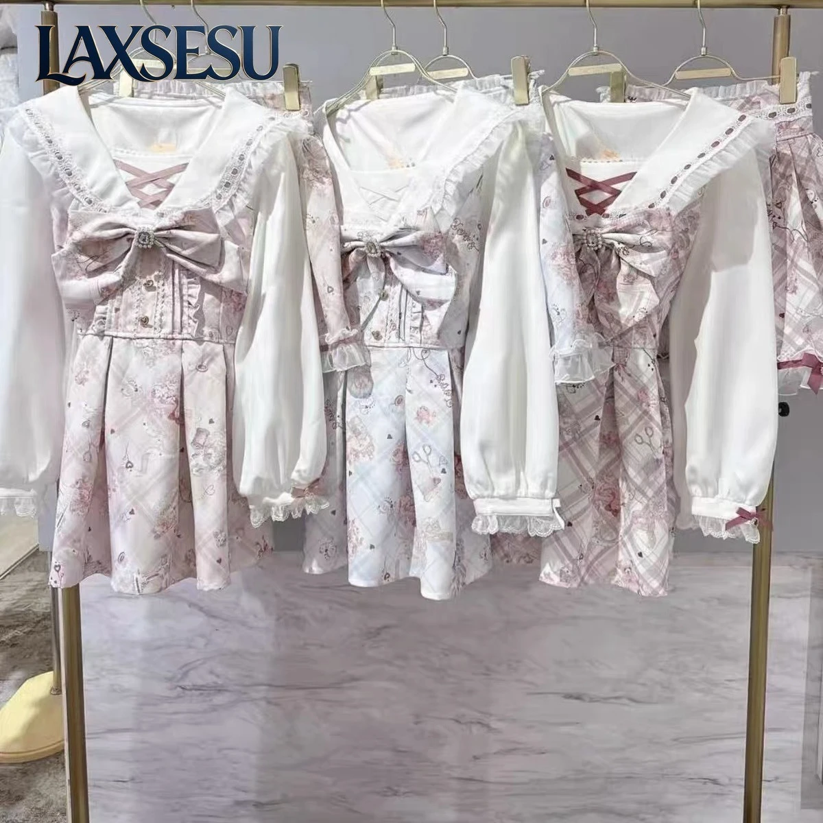 Japanese Lolita Suit Sweet Women's Navy Collar Short Dresses Set Autumn New Bow Print Long-sleeved Dress Two Piece Sets for Girl