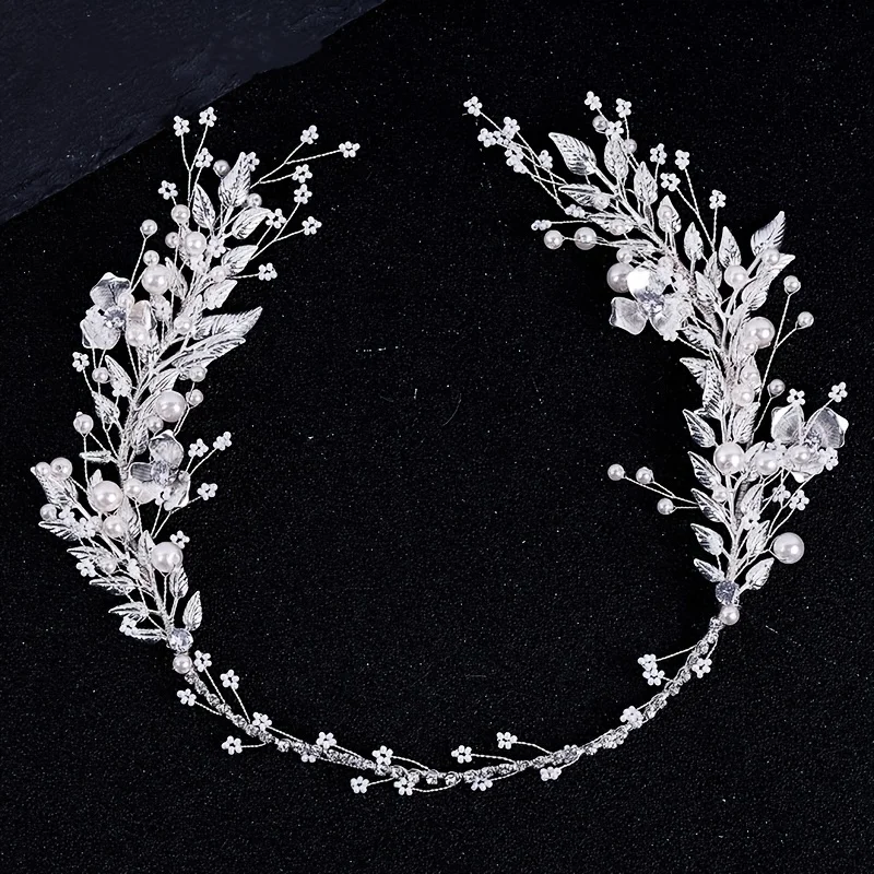 Silver Color Leaf Pearl Headband Tiara For Bridal Hair Accessories Wedding Hair Band Crystal Pearl Tiaras and Brides Headpieces