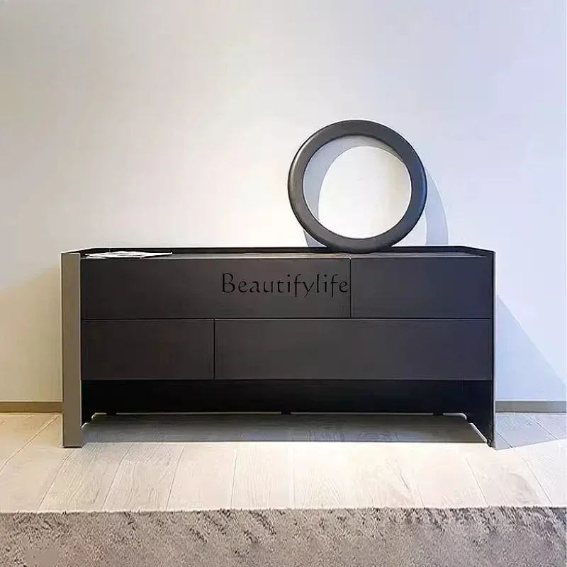 

56Italian light luxury solid wood multi-layer board smoked wood leather chest side cabinet