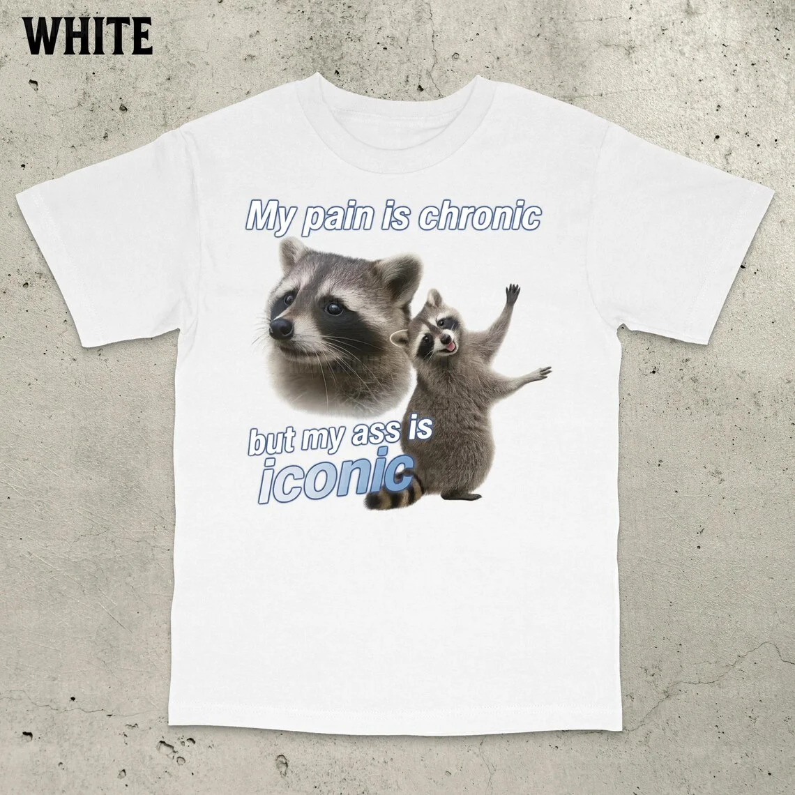 Minha dor é crônica, mas minha bunda é icônica, camisa possum engraçada, camisas idiotas, camisa meme de guaxinim, camiseta vintage de guaxinim Y2K