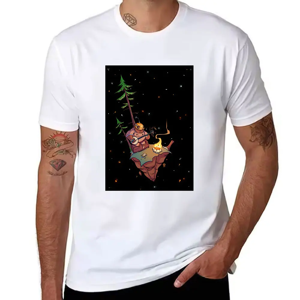 Men's Cotton Short Sleeve T-Shirt, Cartoon Robot Playing Banjo on Floating Island Print, Casual Summer Tee for Sci-Fi & Music Lo