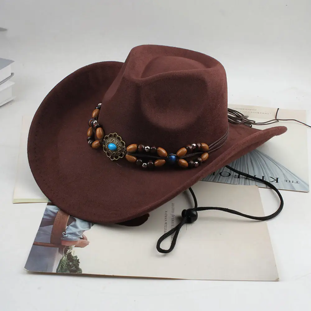 Unisex Western Cowboy Hat Wide Brim Fedora Decorative Beads Breathable Sun Protection Cap For Streetwear Riding Travel