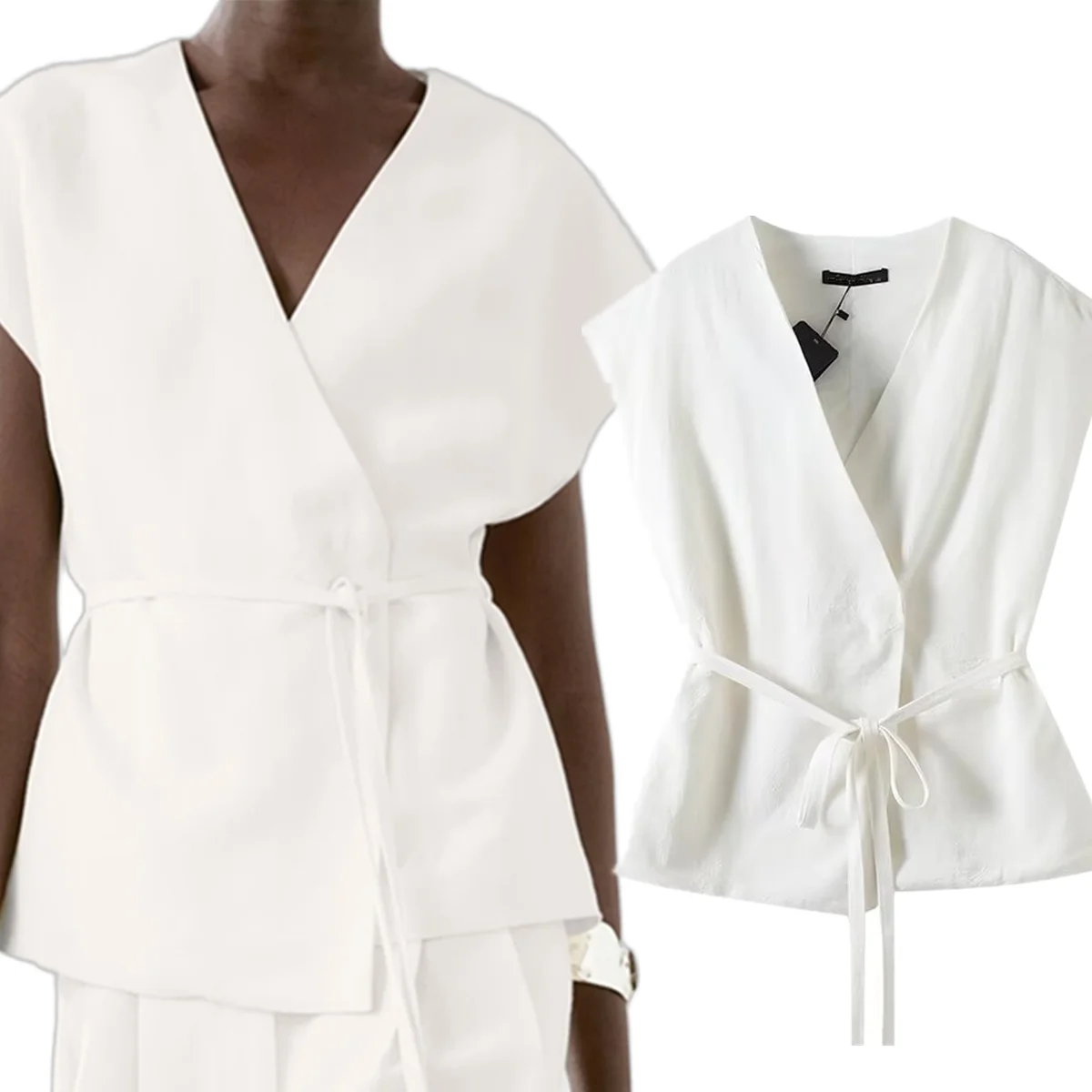 

Maxdutti French Office Ladies Lazy Lace Up Waist Shirt Minimalist White Short-sleeved Blouse Women Tops Summer Suit