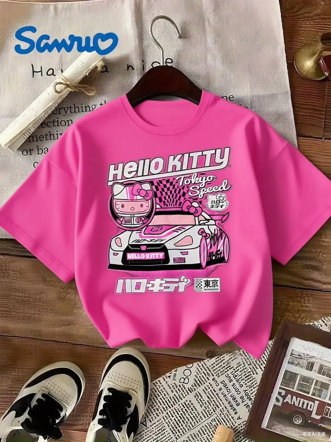 Camiseta casual de algodão com Sanrio Hello Kitty Racing Kitty com detalhes de carro e velocidade de Tóquio estampados conforto de algodão puro