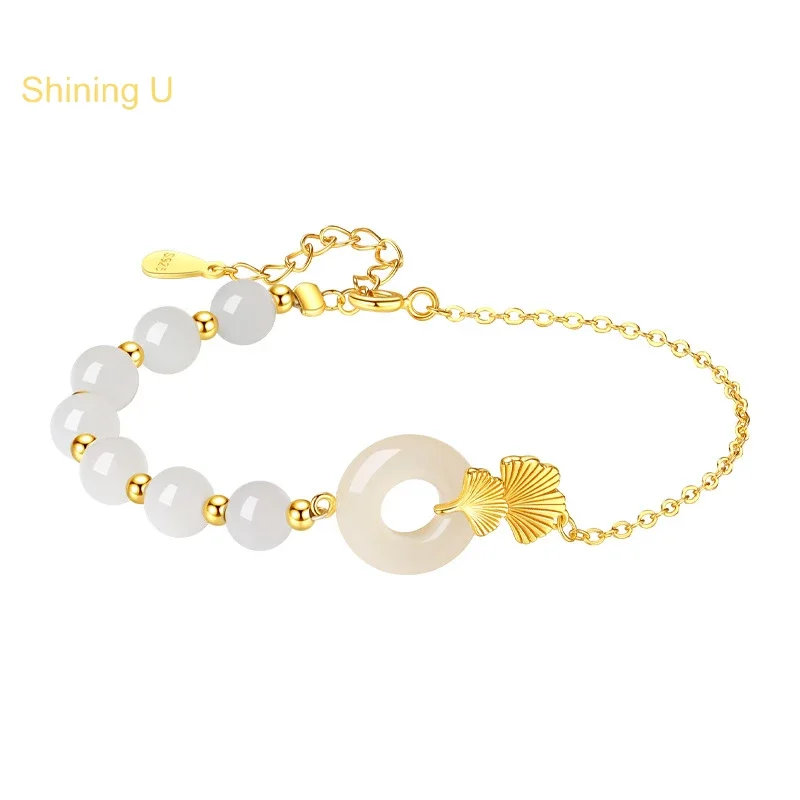 Shining U 925 Sterling Silver Ginkgo Leaf Charm Bracelet Beads Hetian Jade Chinese Lucky Jade Fine Jewelry for Women Gift