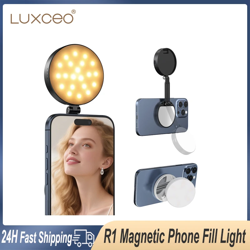 LUXCEO R1 الهاتف المحمول المغناطيسي Selfie ملء ضوء مرآة لوضع مساحيق التجميل طوي جيب مصباح ليد آيفون 17 برو ماكس حامل ملء الضوء
