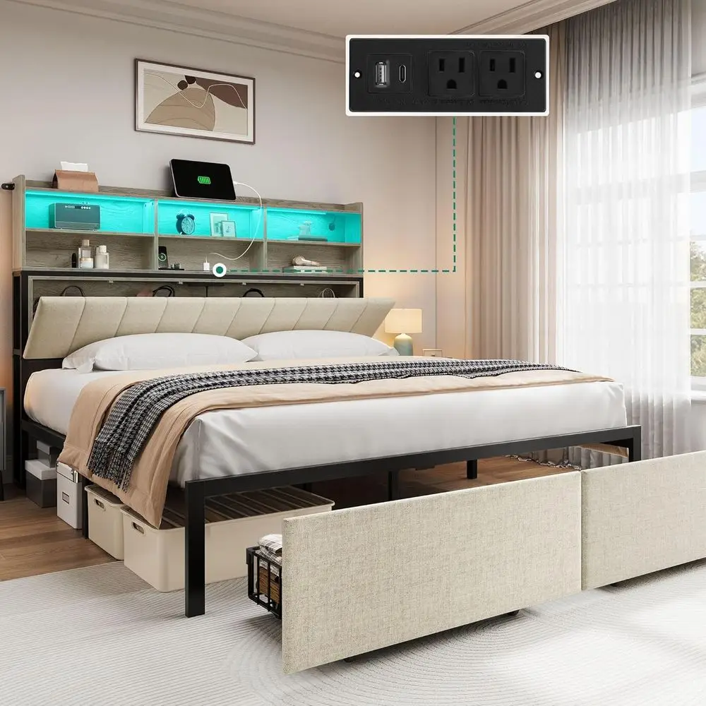

Queen Bed Frame with 2-Tier Storage Shelves and Bookcase Headboard, LED Light Queen Size Bed with Charging Station, No Box Sprin