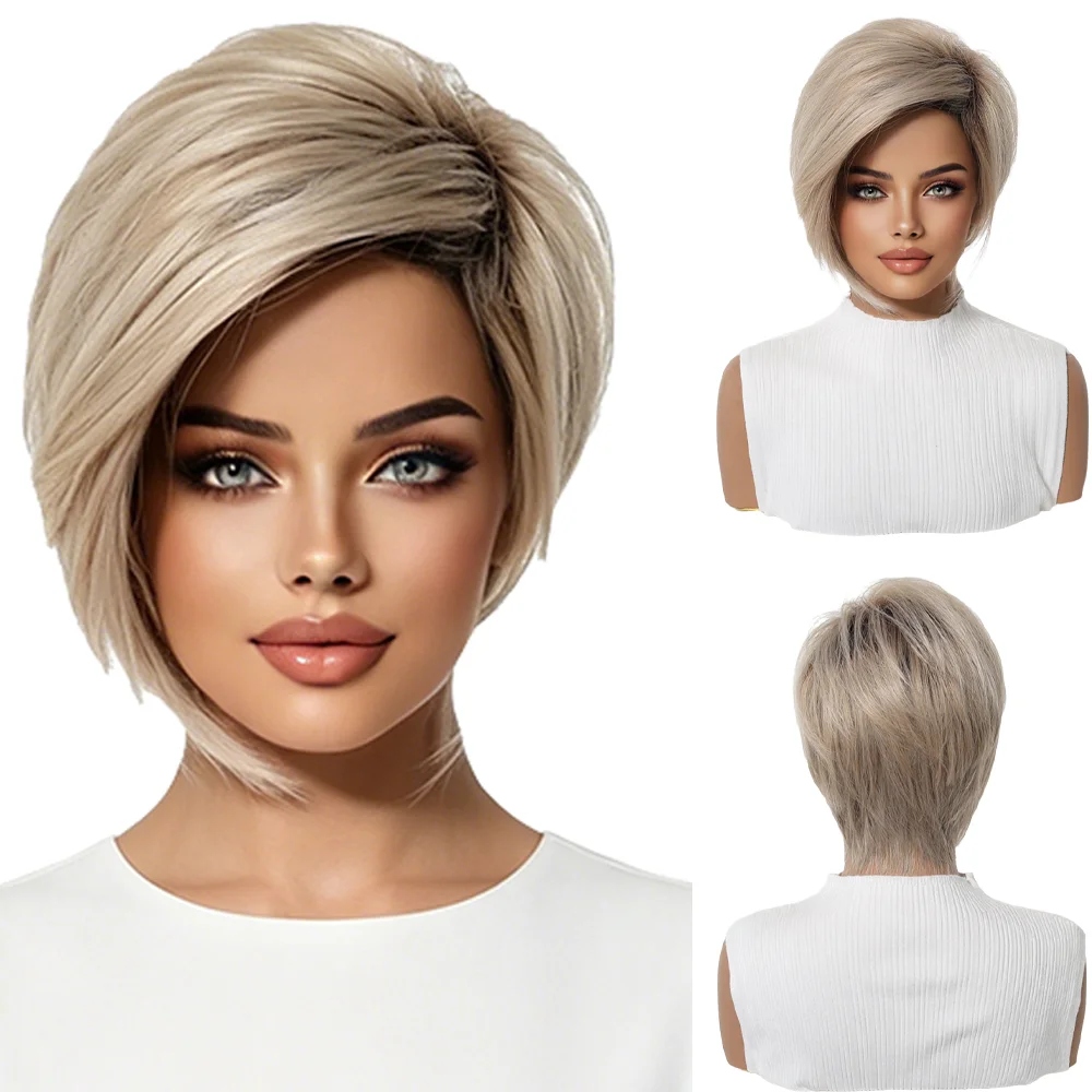 

Ombre Dark Brown Roots Light Ash Blonde Short Pixie Cut Wig For Women Natural Looking Layered Side Part Bob Wig Daily Party Use
