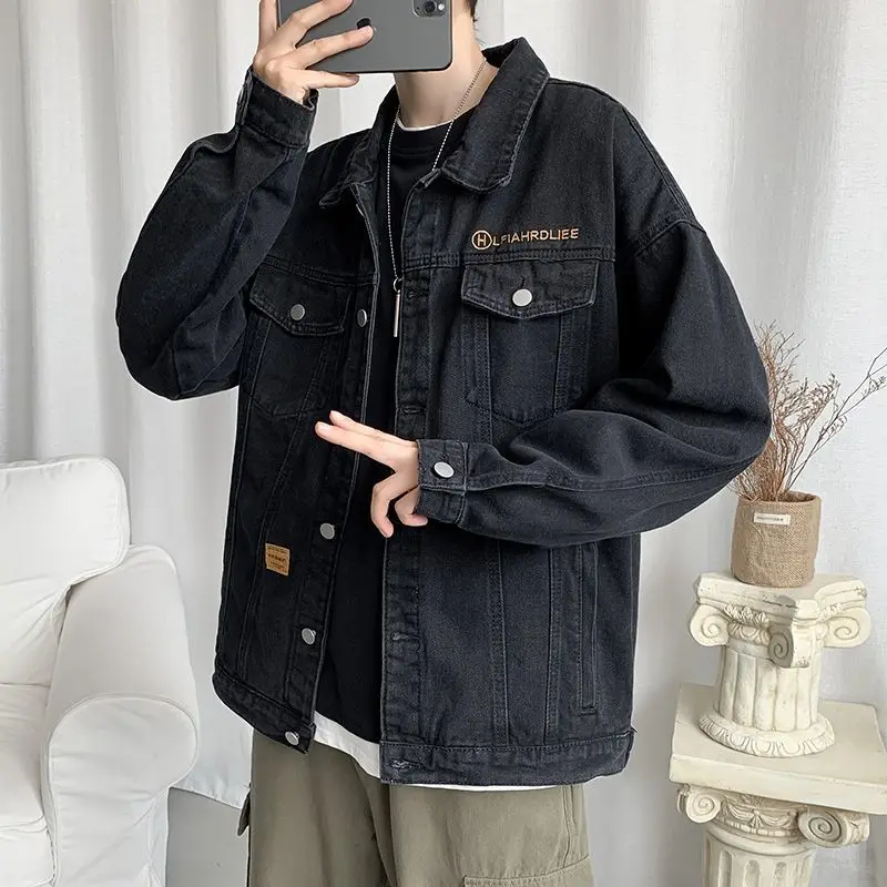 Black Lapel Men's Denim Jacket Fashion Loose Worn Low Price Cowgirl Cheap Stylish Branded Designer Trendy Casual Male Jean Coats