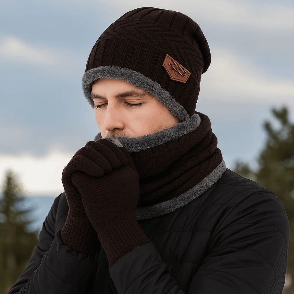 

4pcs/set Soft Winter Beanie Hat Scarf Set Thicken Thermal Protection Thermal Knitted Gloves Fleece Lined Cap Warm Wool Hat