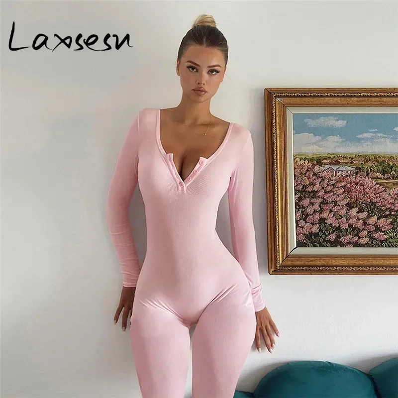 Laxsesu Fitness Button Low-Neck Jumpsuit Women Autumn Fashion Ribbed Stretch Full Sleeve Casual Basic Body-Shaping Overalls